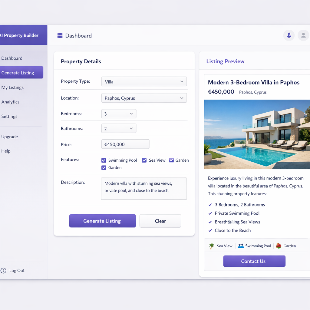 AI dashboard mockup with Cyprus coastal properties