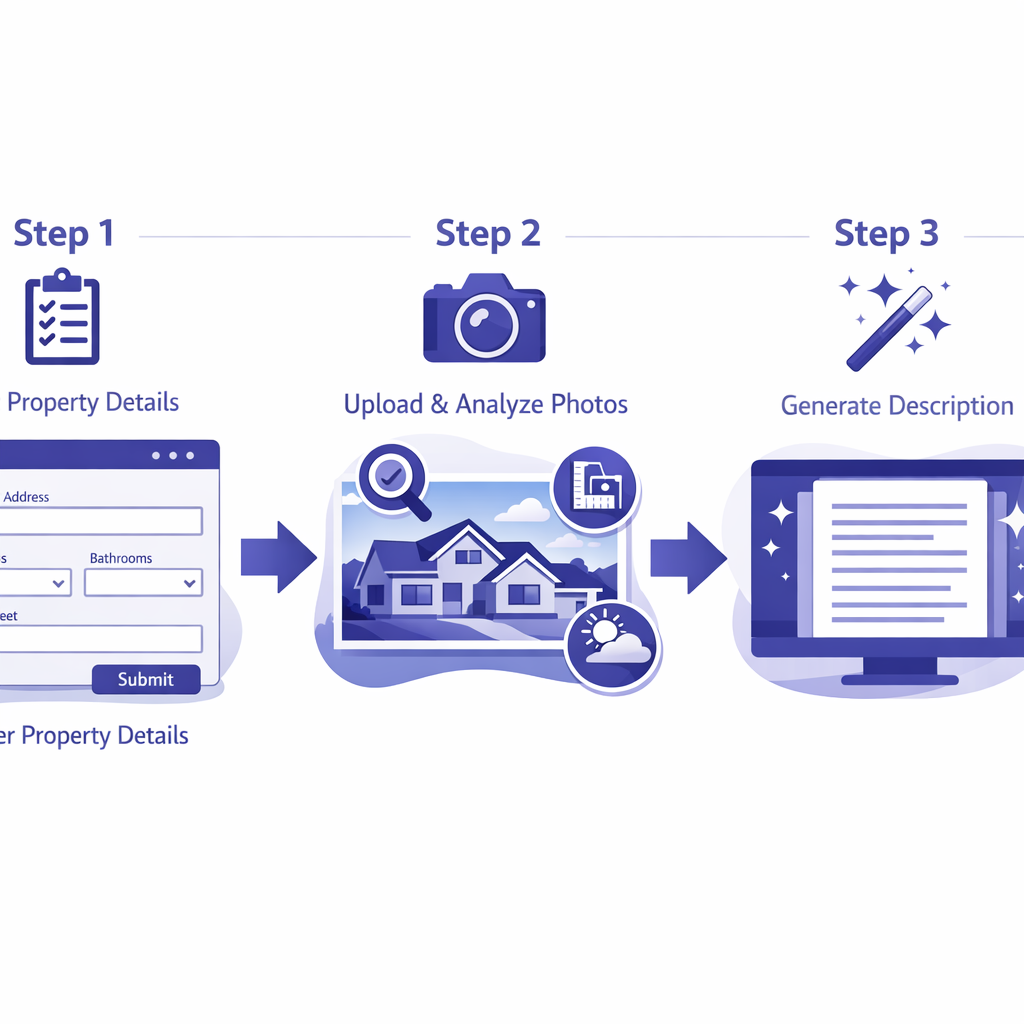 Three-step flow: input details, upload photos, generate listing